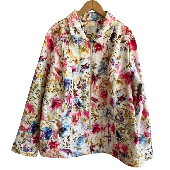 CJ Banks Womens Full Zip Jacket Size 2X Bright Floral Colorful Heavy Office - Picture 1 of 12